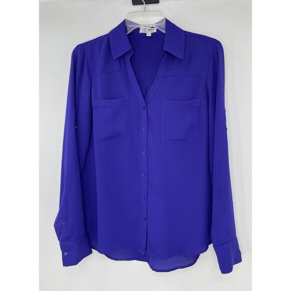 Express‎ Portofin Purple Button Up 3/4 Roll Sleeve Collared Shirt Size S, Flaw - Picture 1 of 14